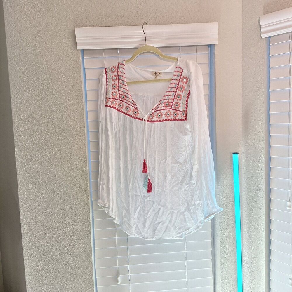 Style & Co. Size L Long Sleeve Boho Embroidered Sheer Top/blouse